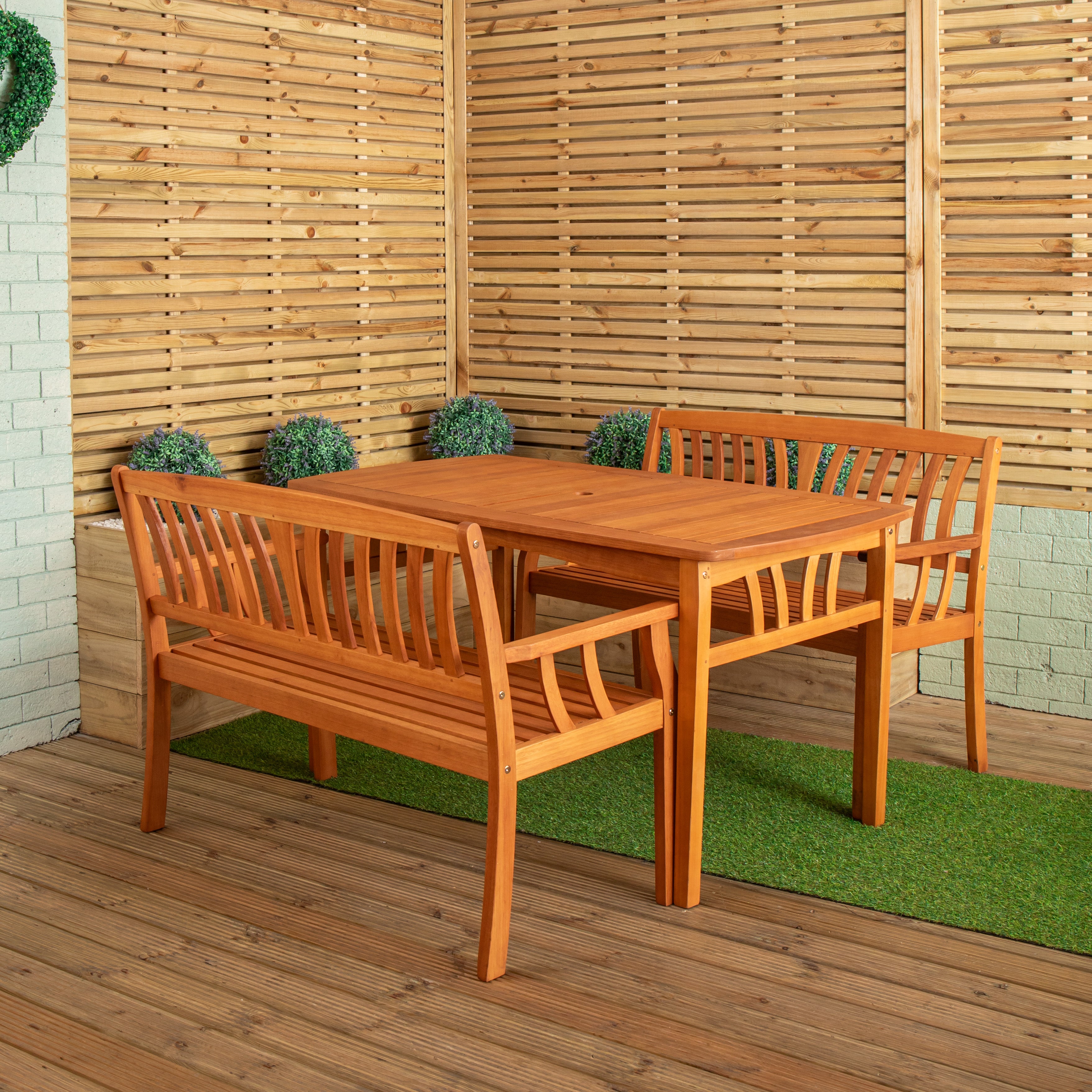 Outdoor 4 Person Rectangular Wooden Garden Dining Table with 2 Benches Furniture Set