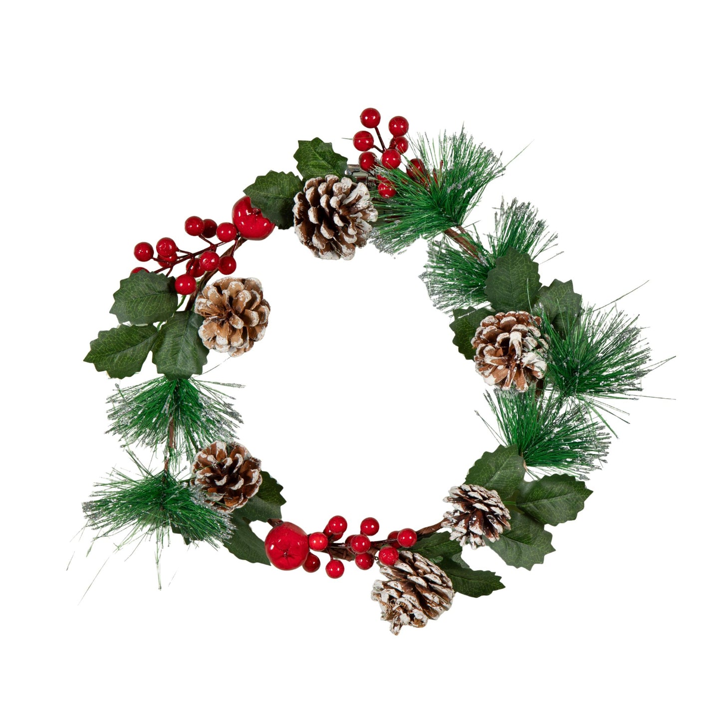 45cm Hanging Christmas Wreath with Red Berries and Frosted Pinecones