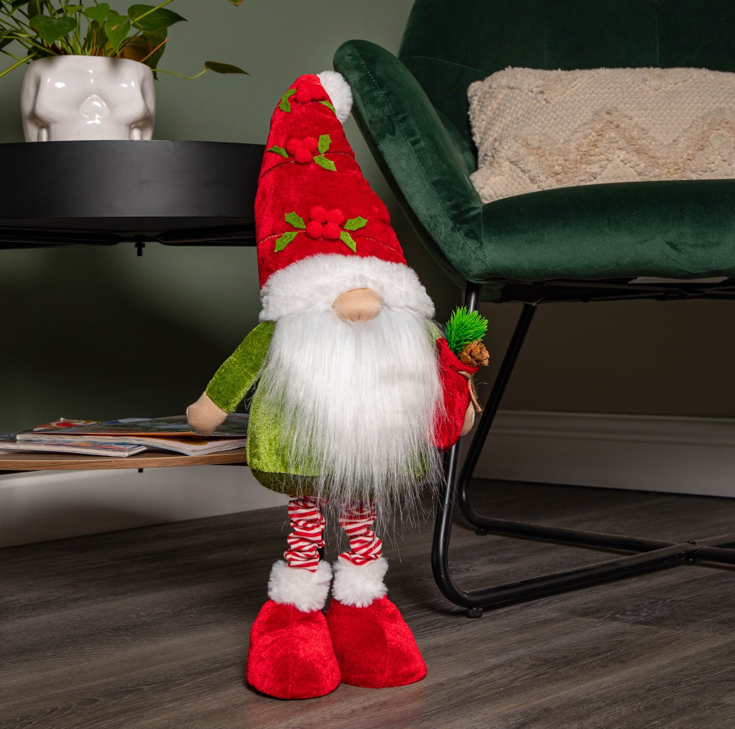 71cm Standing Christmas Gonk with Santa Hat and Extendable Legs in Reg and Green