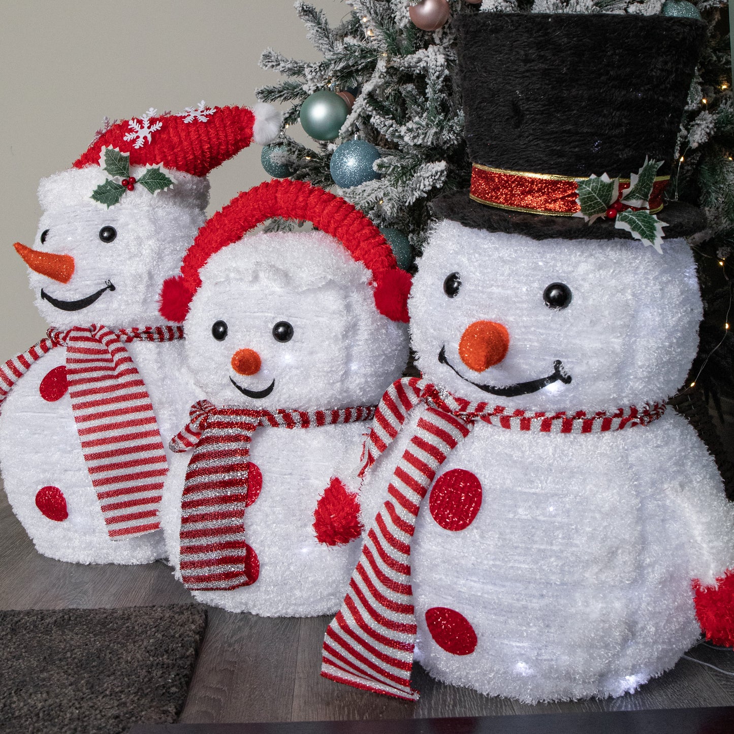 70cm Set of 3 Light up Foldable Cloth Christmas Snowmen with 130 White LEDs