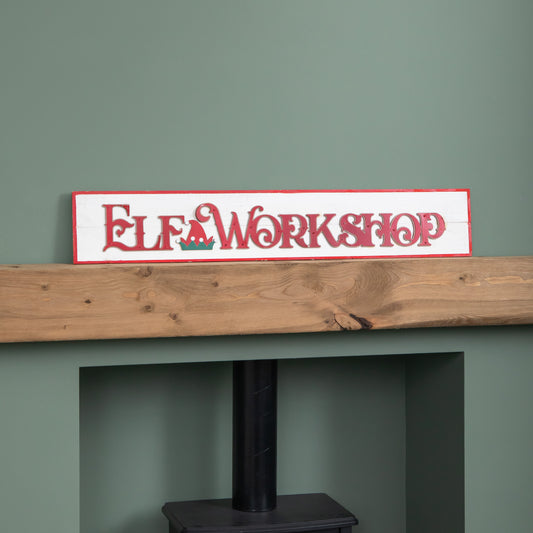 92cm Wooden White Washed Christmas Elf Workshop Sign with Red Letters