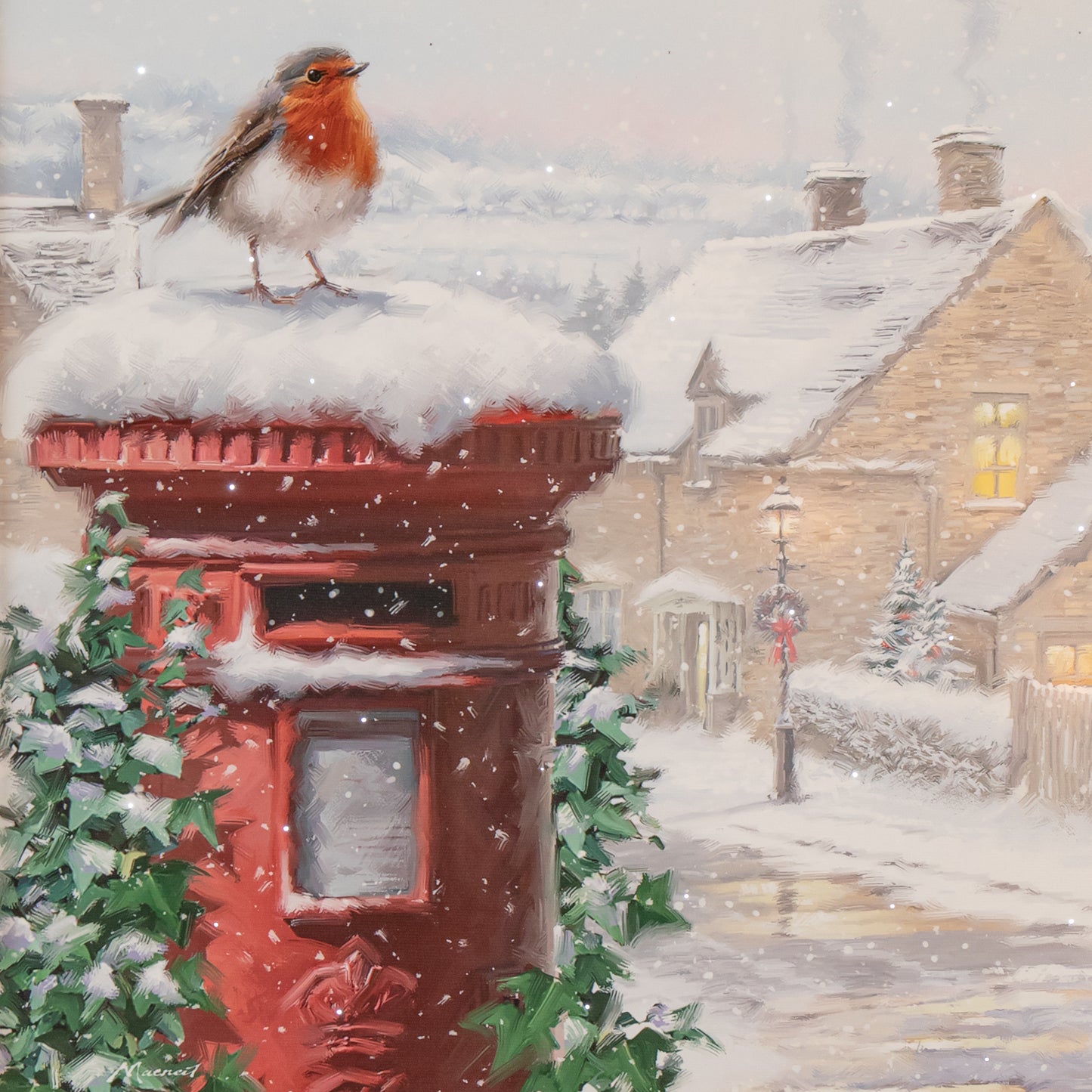 LED Battery Operated Fibre Optic Wall Art Canvas with a Robin and Postbox Christmas Decoration