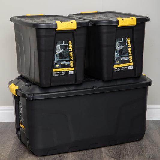 145L & 2 x 60L Heavy Duty Lockable Stackable Storage Trunks on Wheels in Black