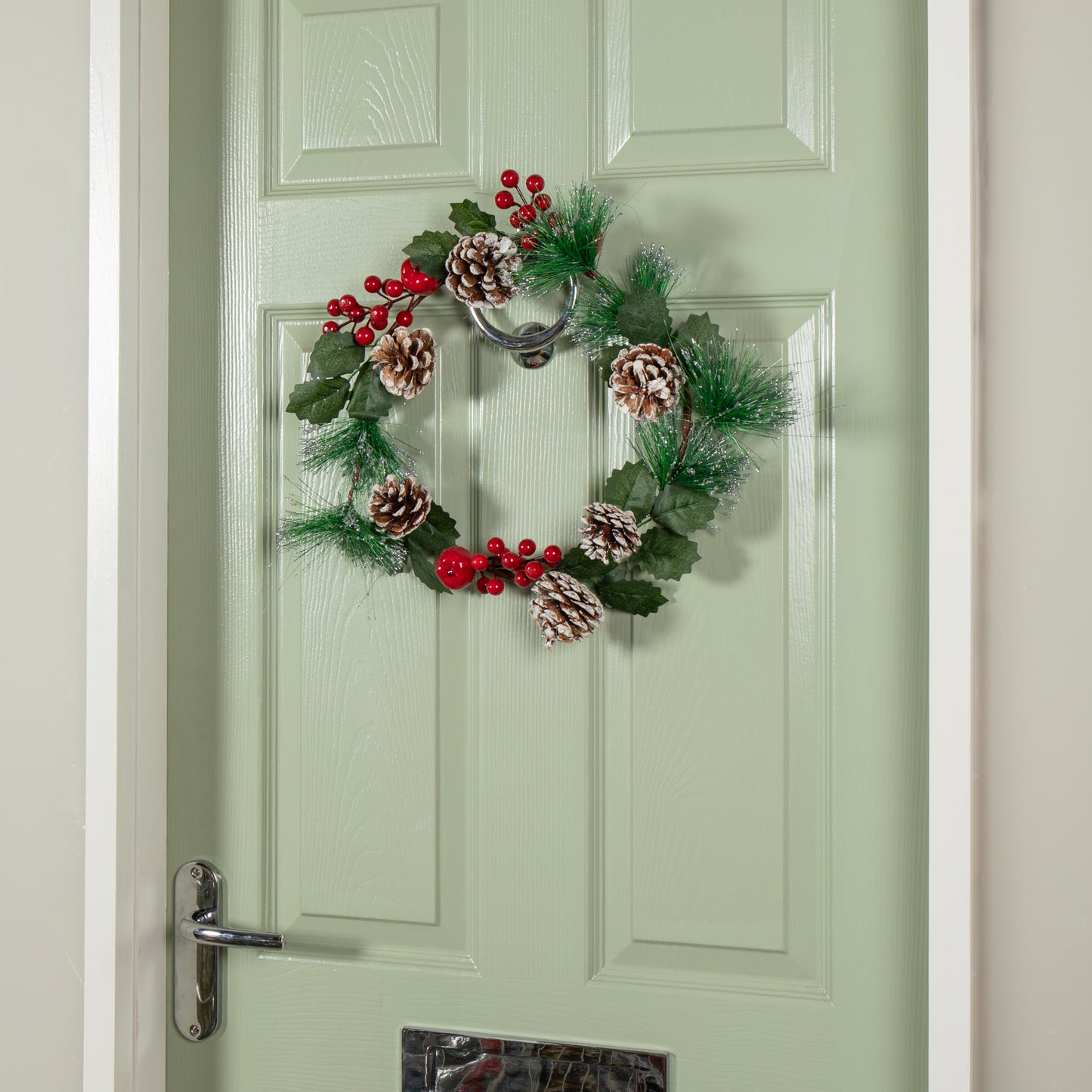 45cm Hanging Christmas Wreath with Red Berries and Frosted Pinecones