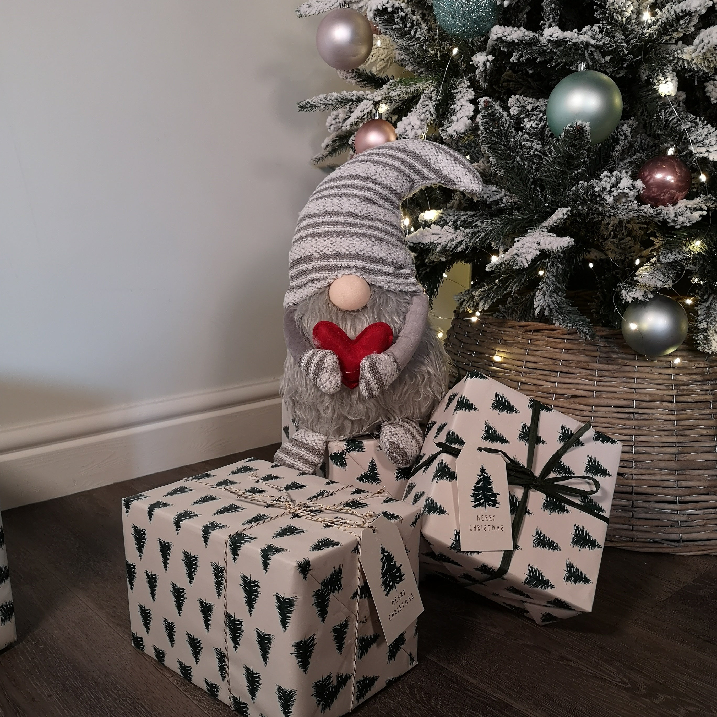 40cm Plush Grey Gonk Santa Christmas Decoration with Red Heart