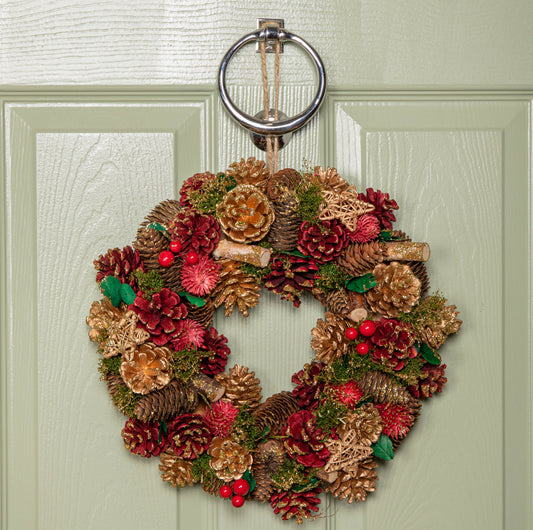 36cm Red Hanging Christmas Wreath with Red Berries and Pinecones 