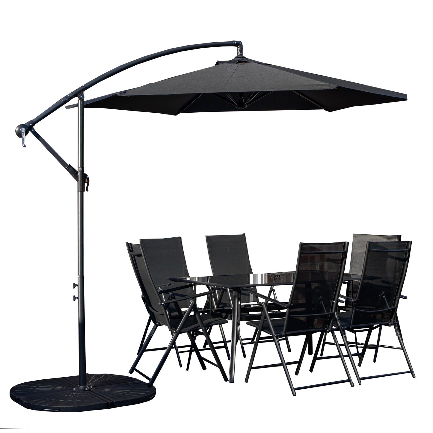 Outdoor 6 Person Rectangular Glass Top Garden Dining Table Chairs With Black Banana Parasol and Base