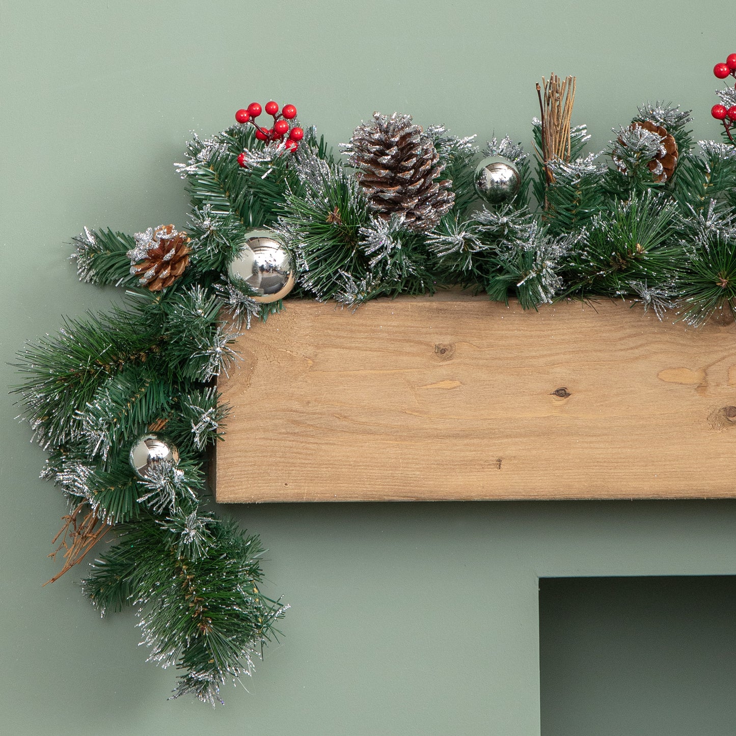 1.8m (6ft) Dressed Christmas Garland with Silver Baubles Pinecones & Berries