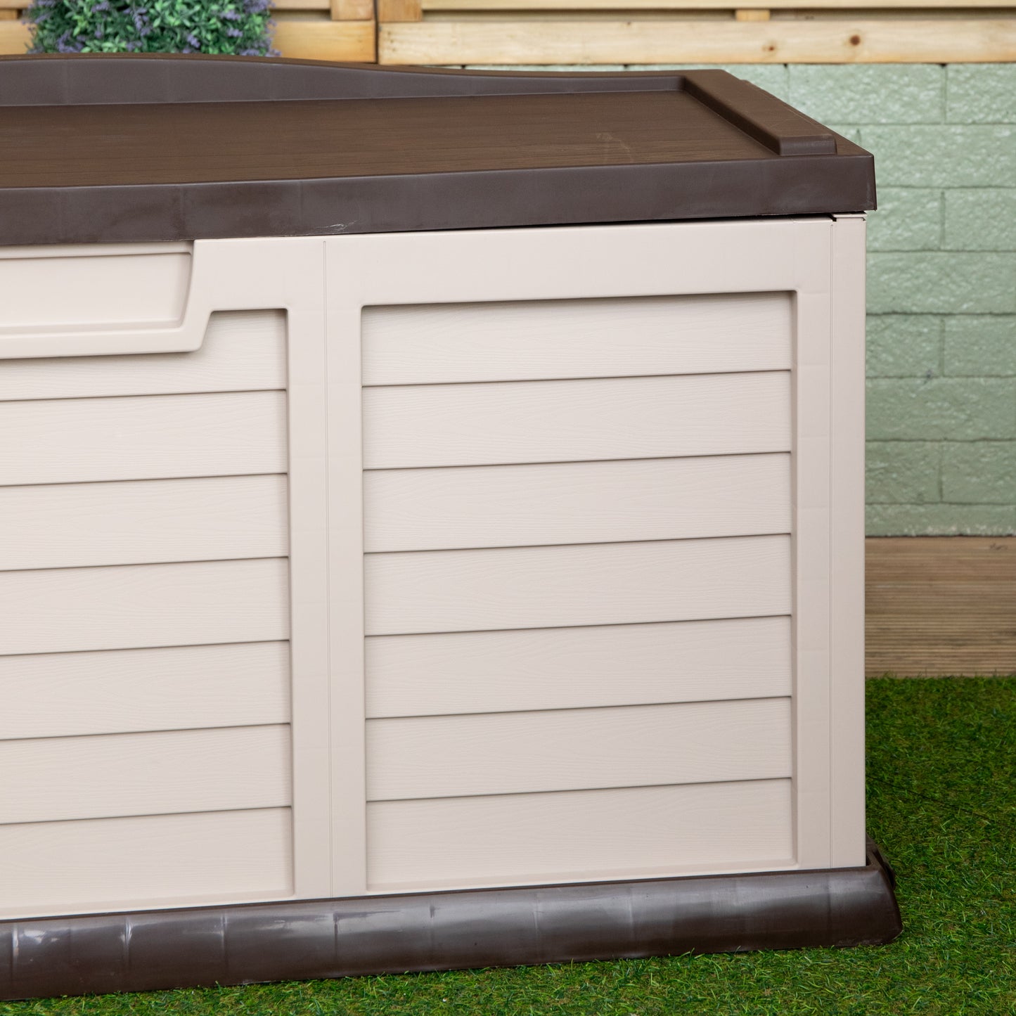 440L Heavy Duty Garden Patio Storage Box with Lockable Sit on Lid in Brown