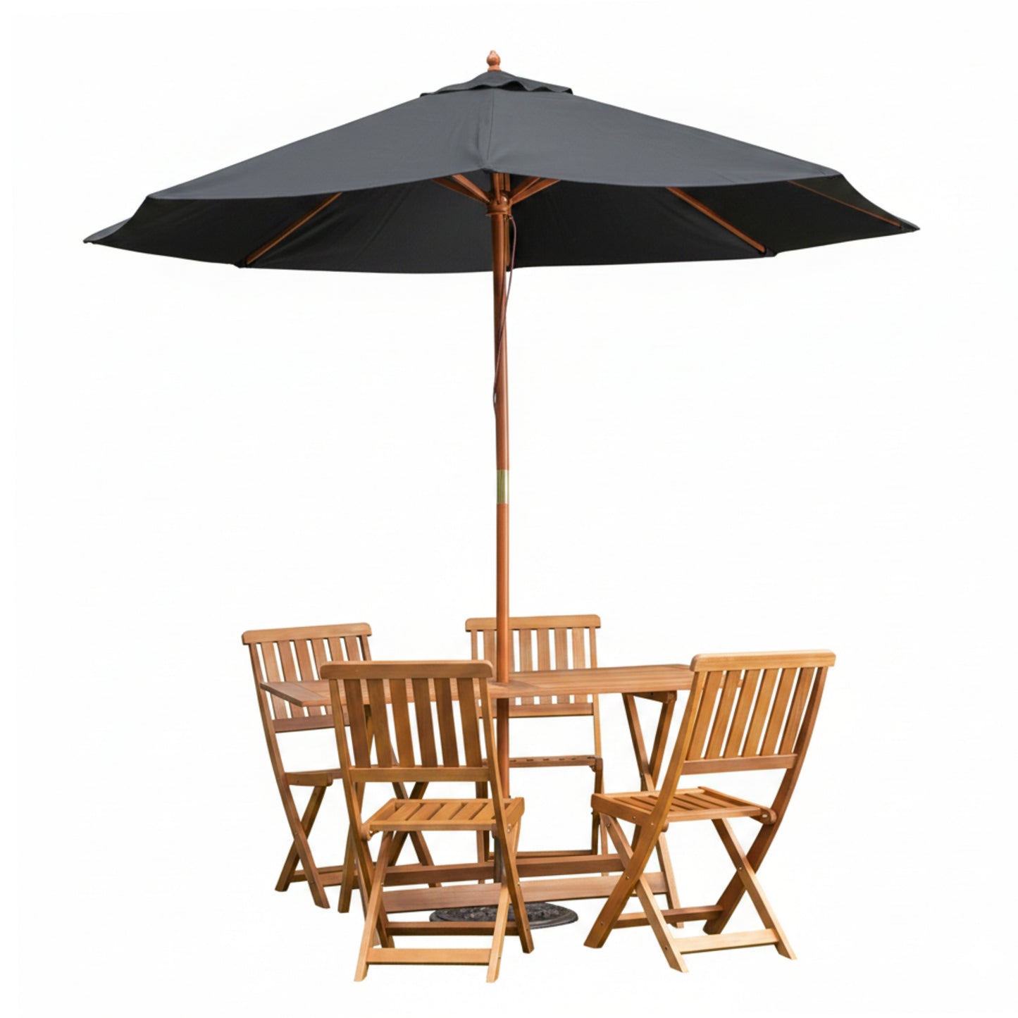 Outdoor 4 Person Folding Rectangular Wooden Garden Dining Table Chairs Black Parasol and Base Set