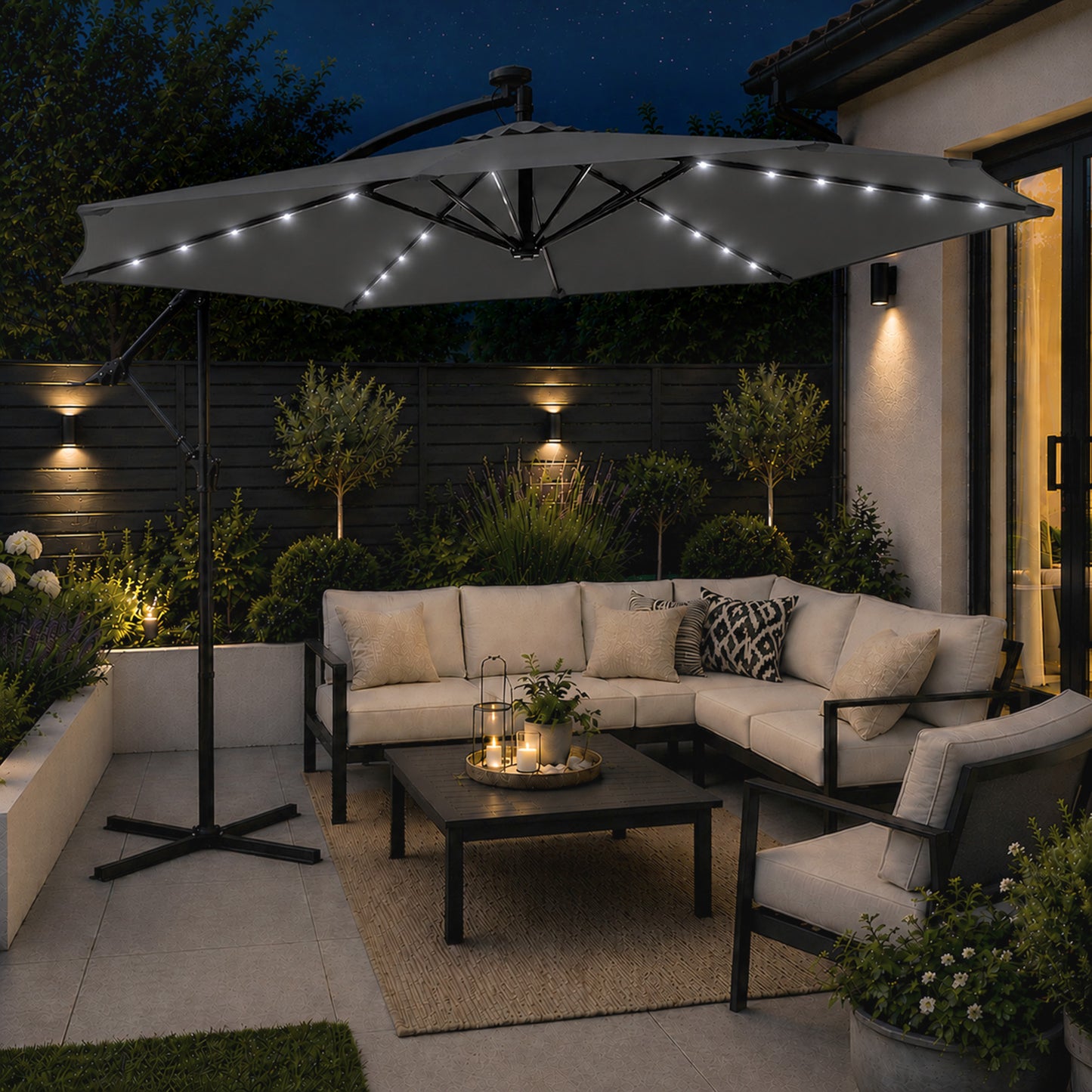 Samuel Alexander 3m Solar Powered Cantilever Lit Garden Parasol with Crank Handle & White LED Lights in Grey