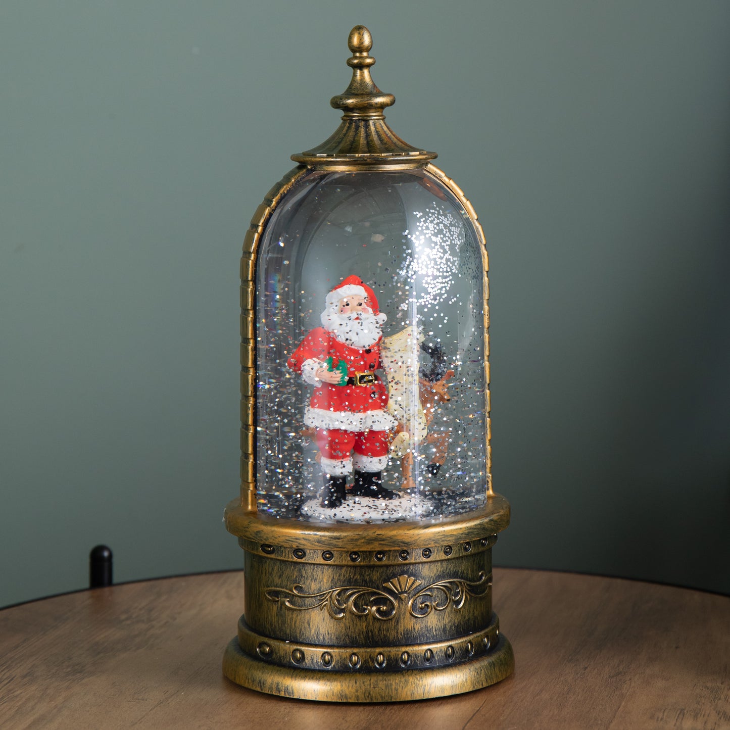 29cm Battery Operated Light up LED Christmas Cloche Water Spinner with Santa & Deer Scene