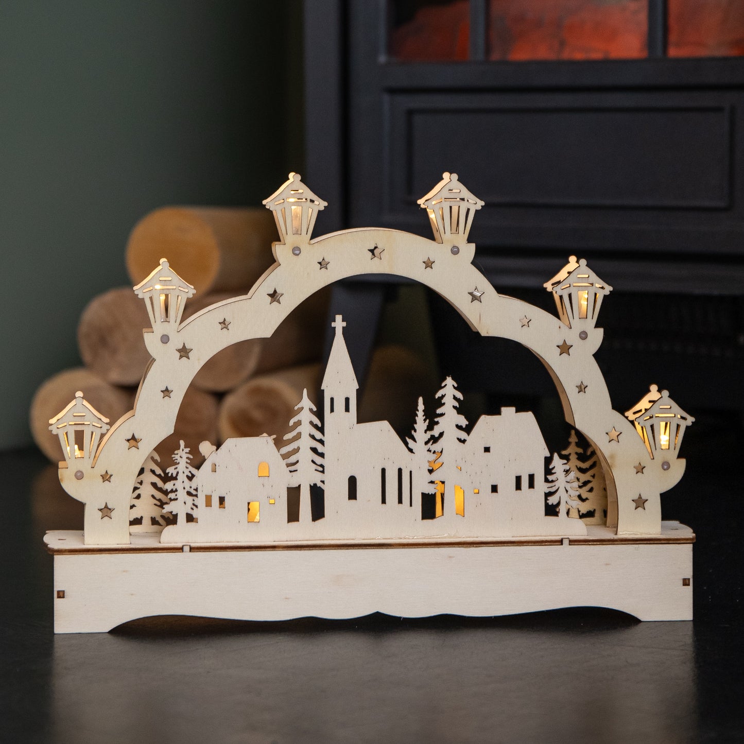 28cm Battery Operated Wooden Christmas Festive Village with LEDs