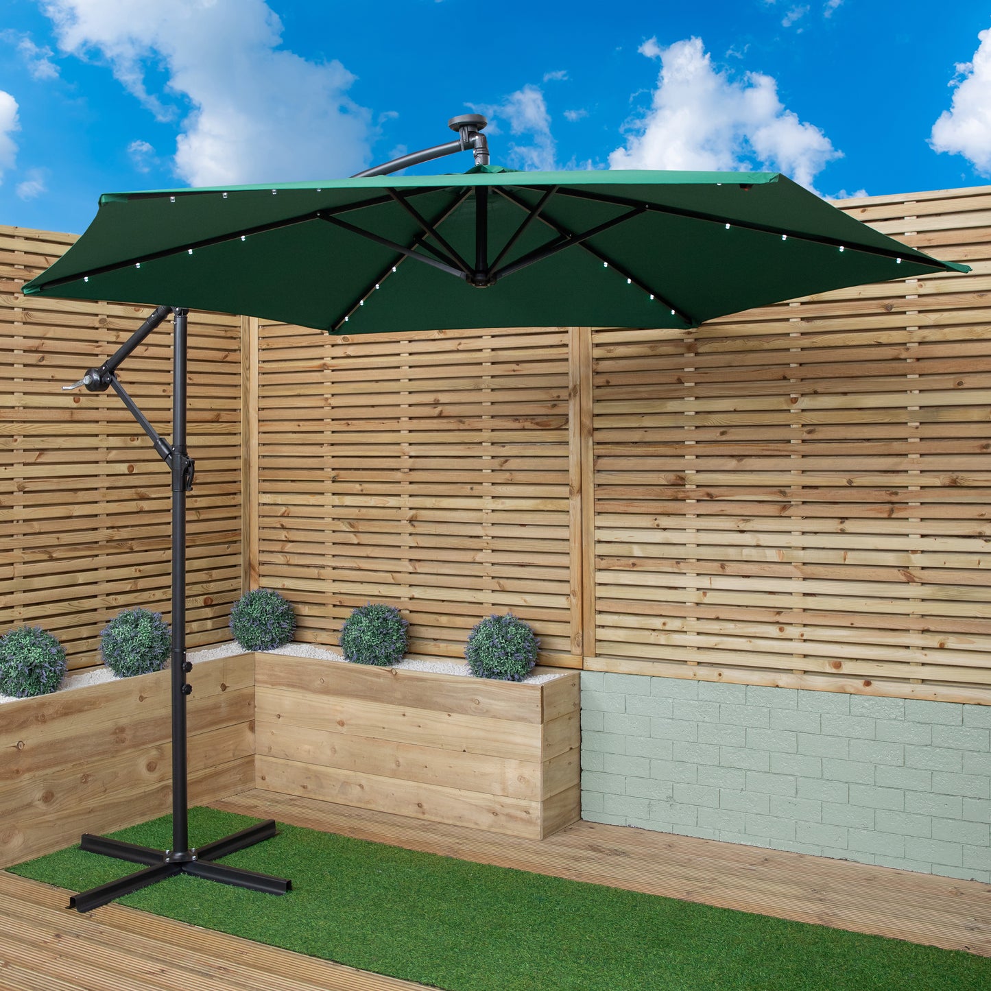 3m Solar Powered Lit Banana Cantilever Garden Parasol with LEDs & Base Weights Included in Green
