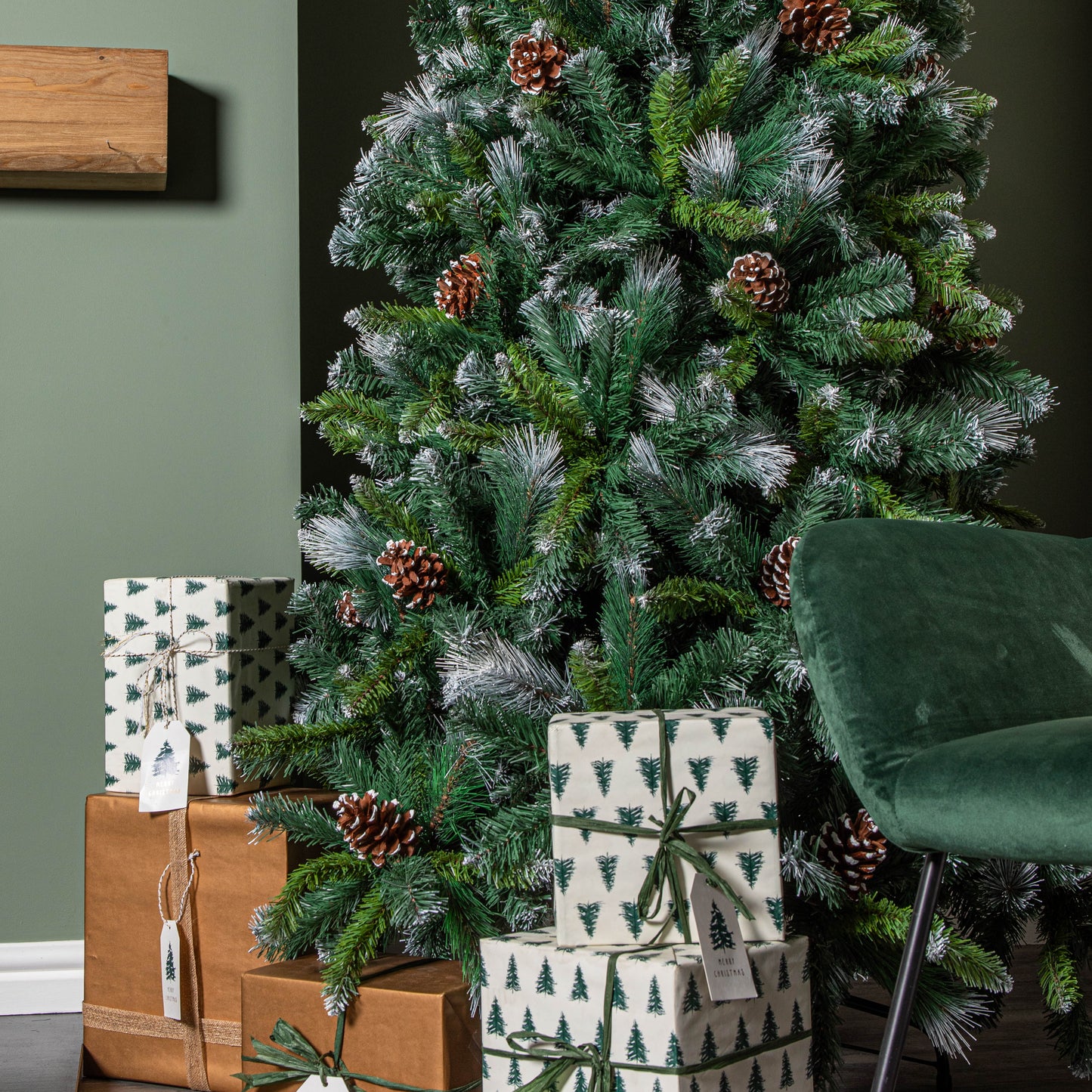7ft (2.1m) Frosted Glacier Pine Snow Tipped Christmas Tree with Pinecones and 956 Tips