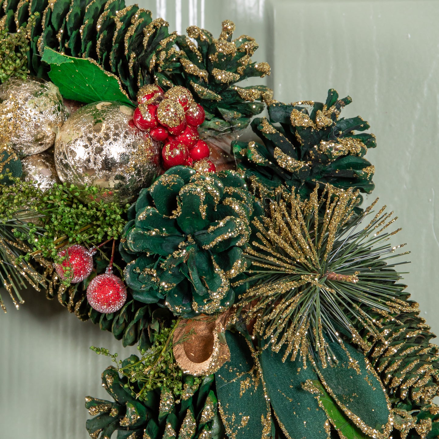 36cm Bauble and Pinecone Hanging Christmas Wreath with Red Berries