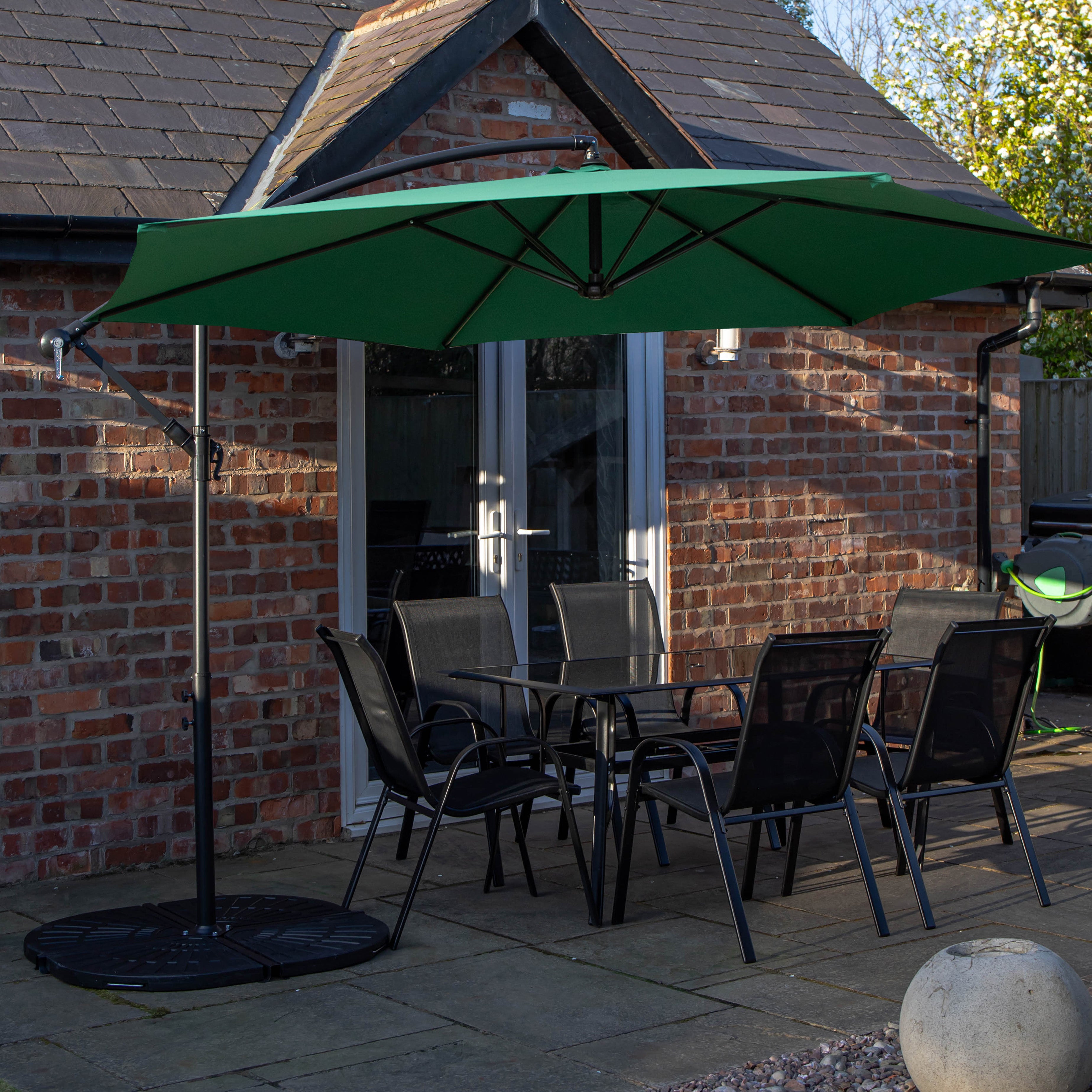 Outdoor 6 Person Rectangular Glass Top Garden Dining Table Chairs With Green Banana Parasol and Base