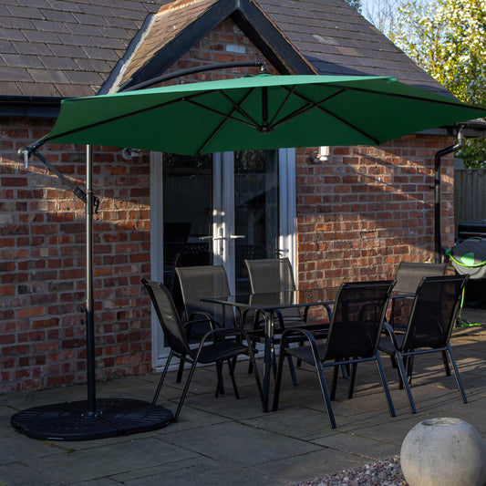 Outdoor 6 Person Rectangular Glass Top Garden Dining Table Chairs With Green Banana Parasol and Base