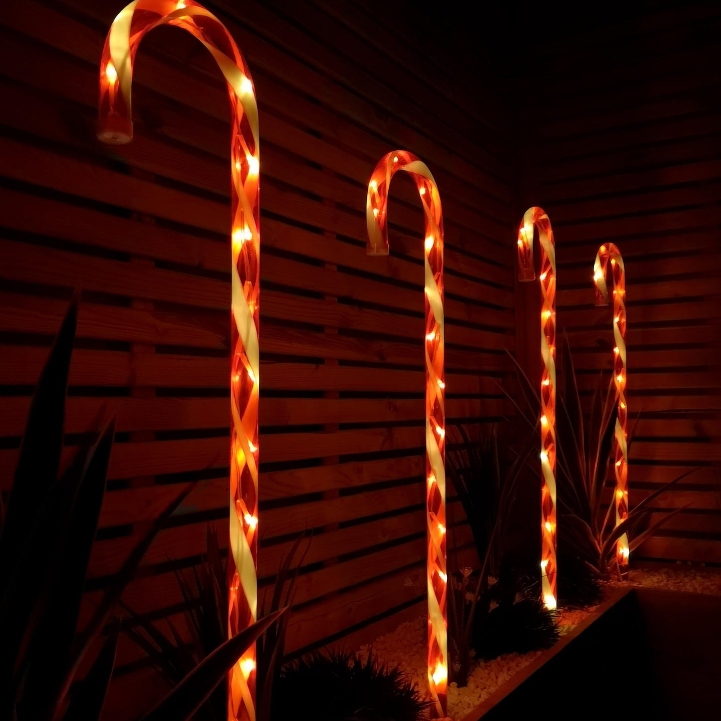 Set of 4 Large Light up Red & White Stripe Christmas Candy Cane Garden Stakes with LEDs