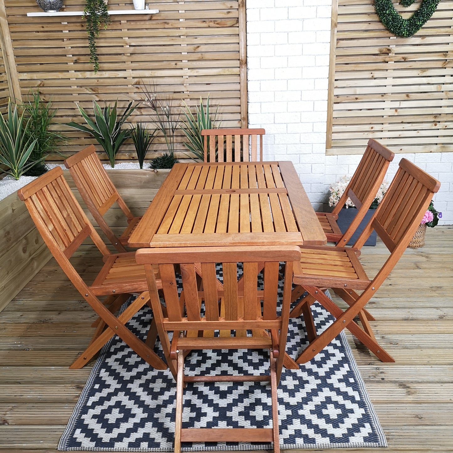 Outdoor 6 Person Folding Rectangular Wooden Garden Dining Table Chairs Set