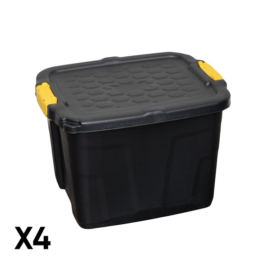 4 Pack of 42L Heavy Duty Lockable & Stackable Storage Tub Chest with Clips in Black