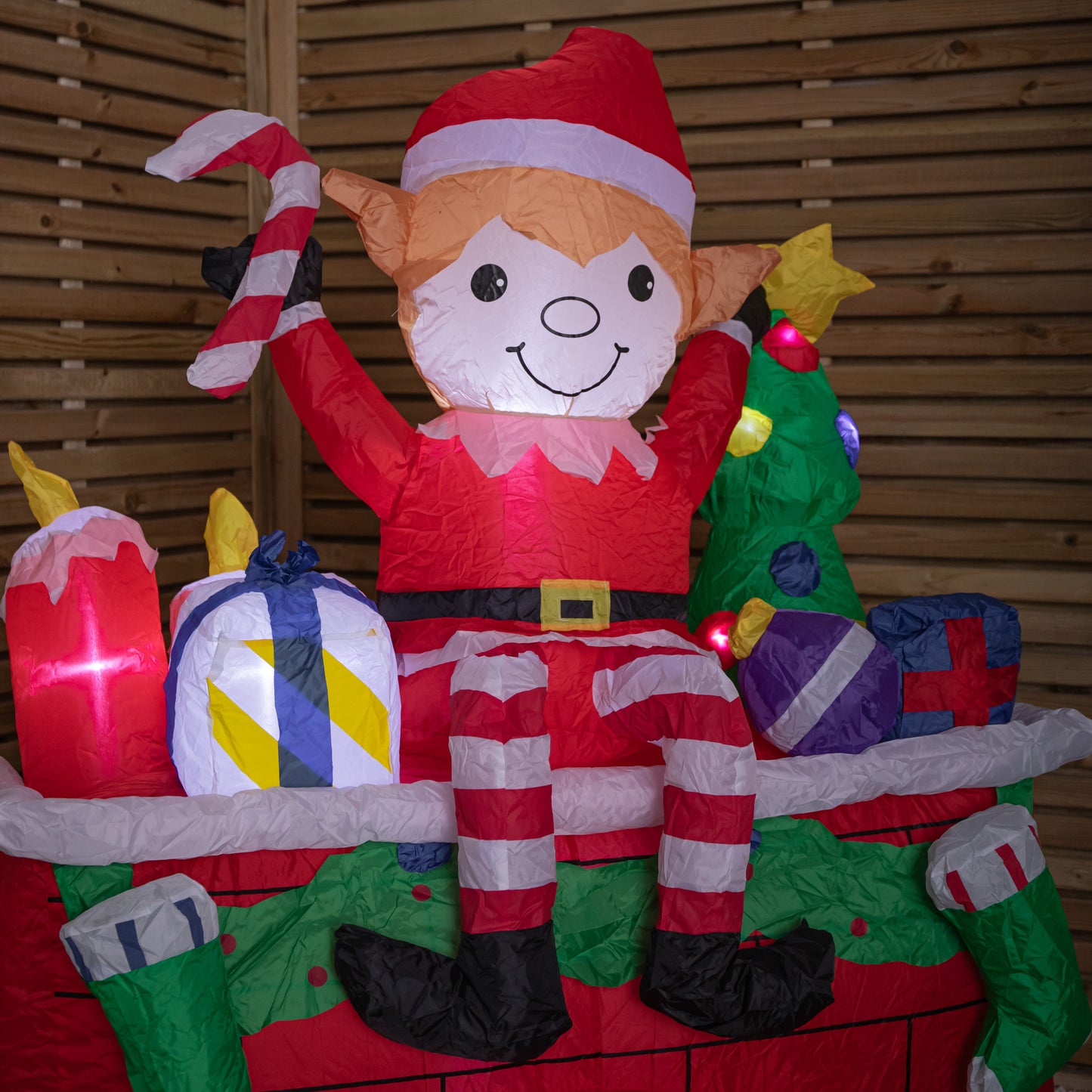 2m Tall Light up Fireplace Christmas Inflatable with Elf and White LEDs