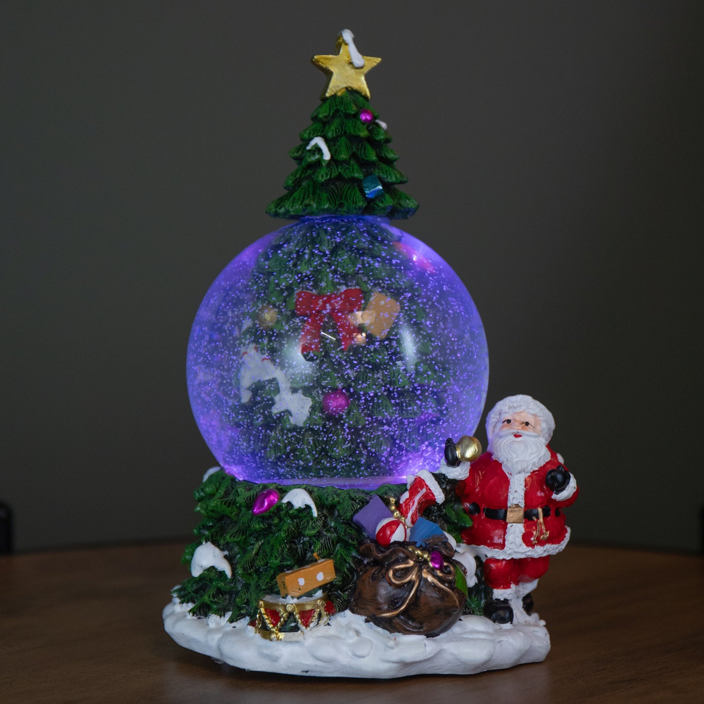 10cm Battery Powered Musical Tree Santa Spin Snowsphere with Colour Changing LEDs	