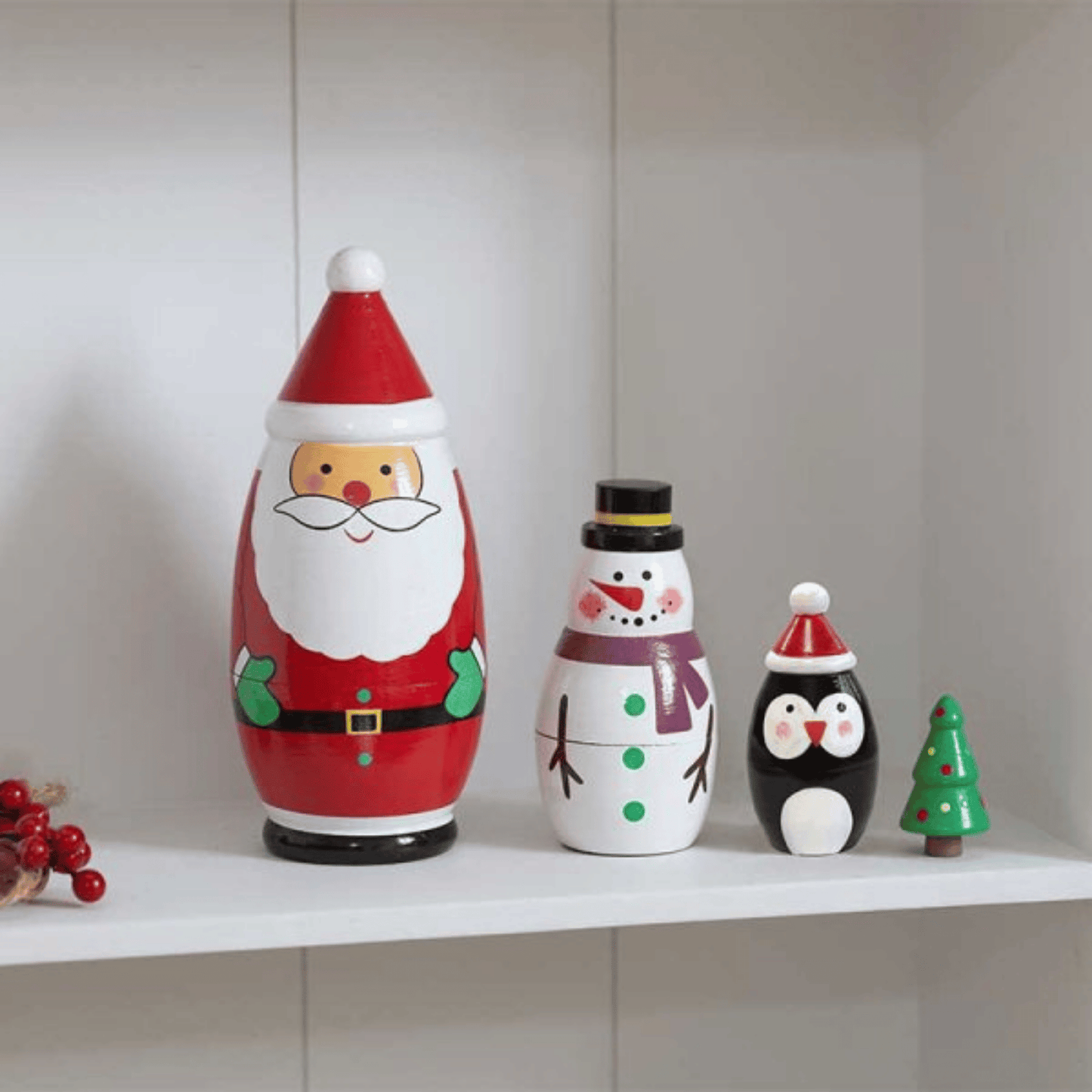 16cm Hand Painted Wooden Christmas Santa Festive Figurine Set