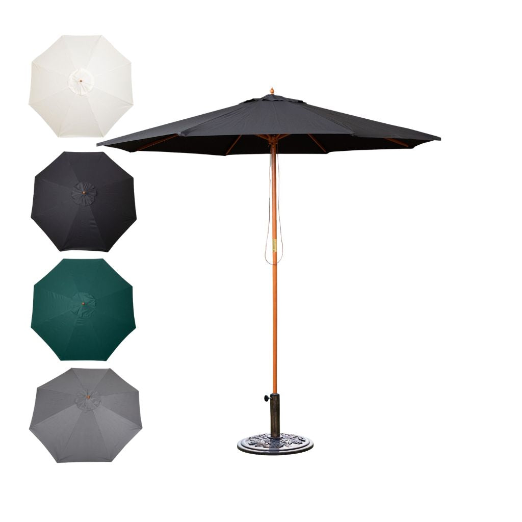 Choice of Colour: 2.7m Wooden Garden Parasol Sun Shade with Carry Bag with 9kg Base Included
