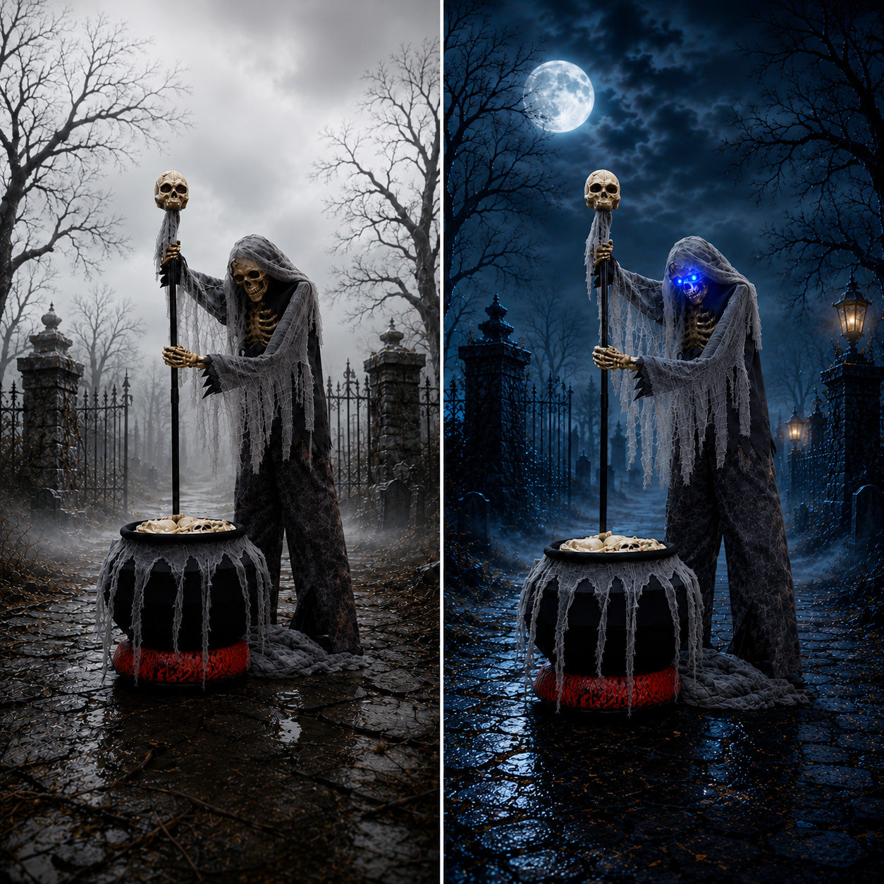 6ft Tall Animated Stirring Cauldron Creep Skeleton Halloween Decoration with LED Eyes