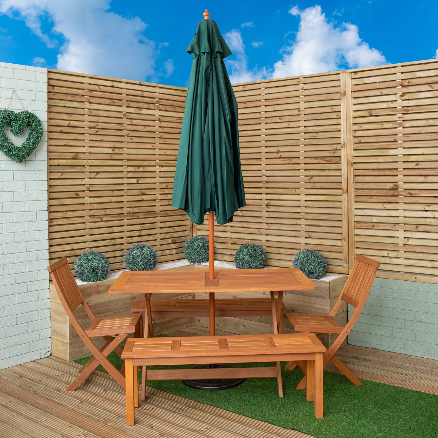 Outdoor 6 Person Rectangular Wooden Garden Dining Table, 2 Benches, Chairs with Green Parasol and Base Set