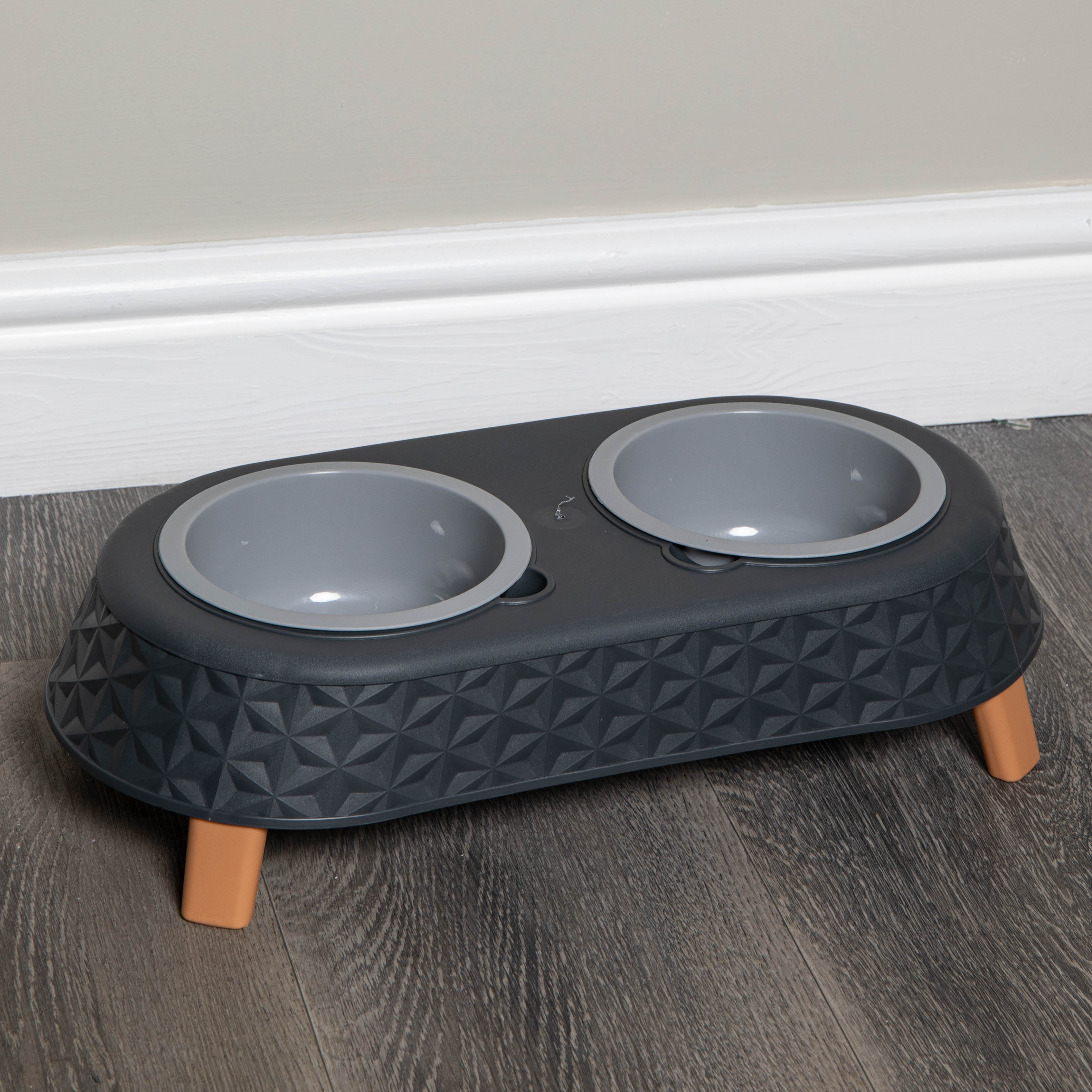 16cm x 9cm Grey Plastic Raised Double Pet Bowl Feeding Station with Stand
