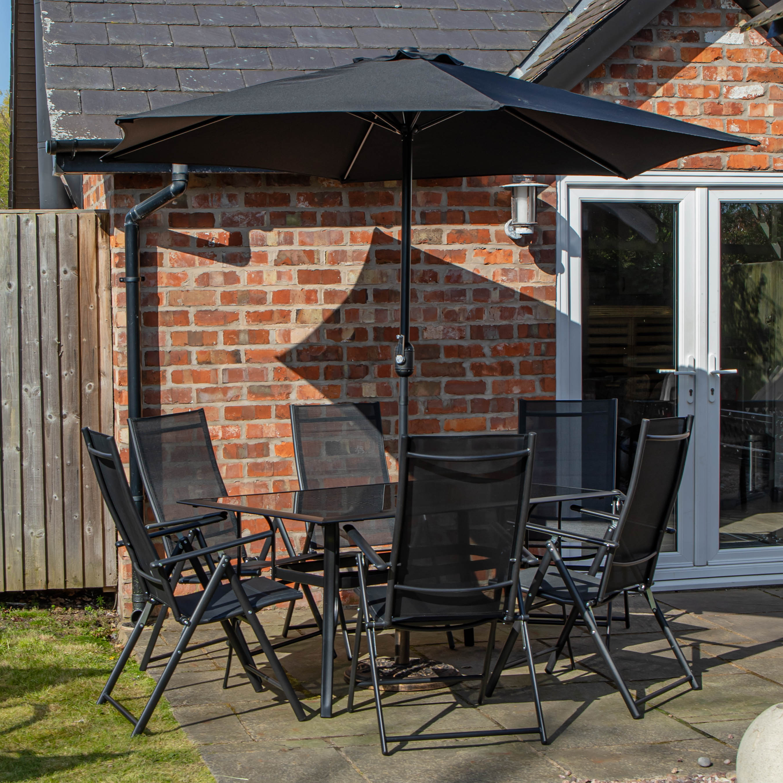Outdoor 6 Person Rectangular Glass Top Garden Dining Table Chairs With Black Parasol and Base Set