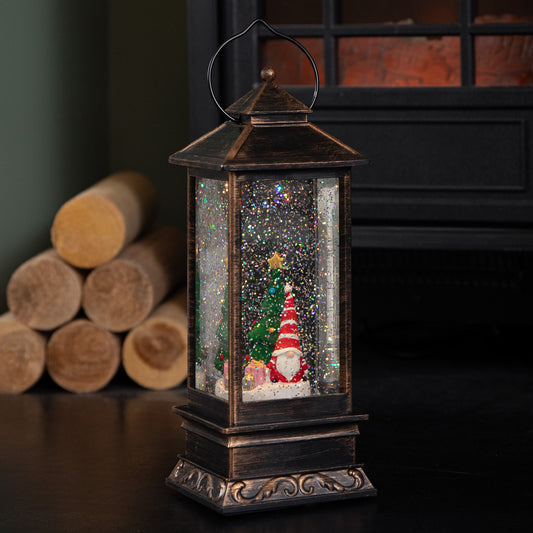28cm Battery Powered Light up Antique Lantern Christmas Water Spinner with Snowy Gonk Scene