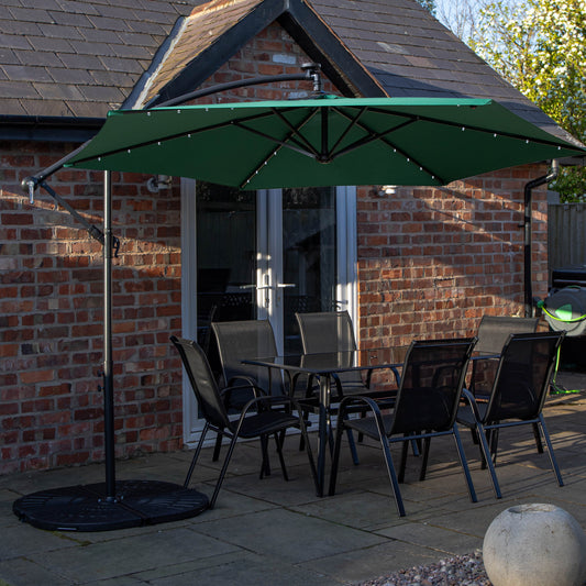 Outdoor 6 Person Rectangular Glass Top Garden Dining Table Chairs With Green Banana Lit Parasol and Base