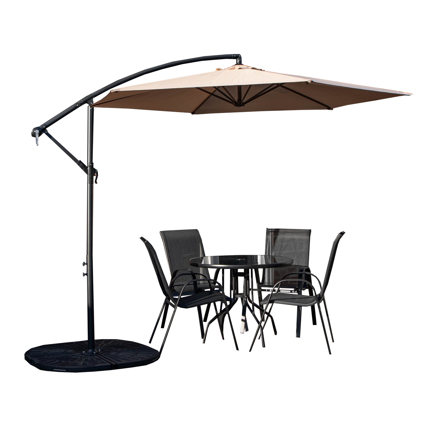 Outdoor 4 Person Round Glass Top Garden Dining Table Chairs With Beige Banana Parasol and Base