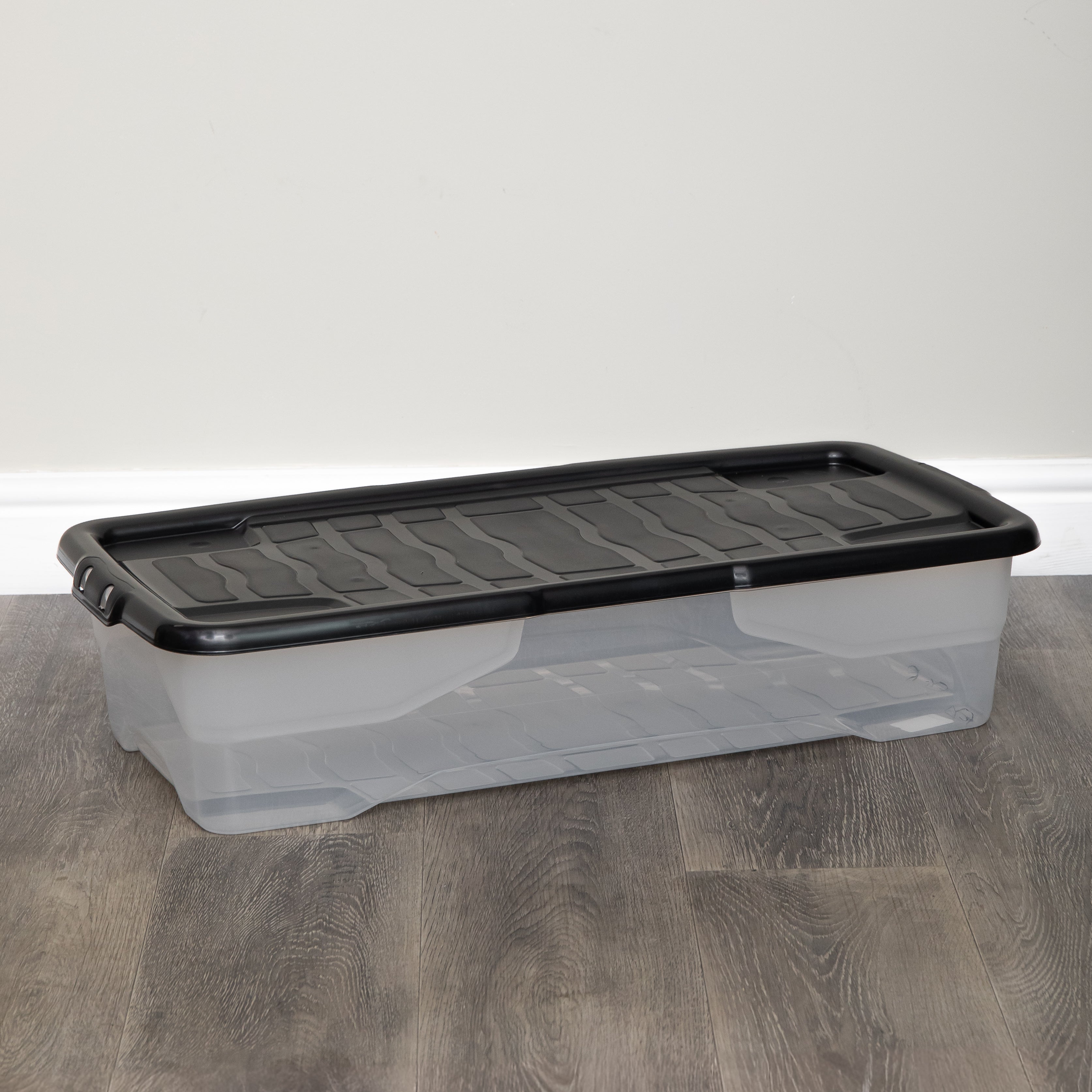 42 Under Bed Clear Stackable and Nestable Storage Box with Black Lid