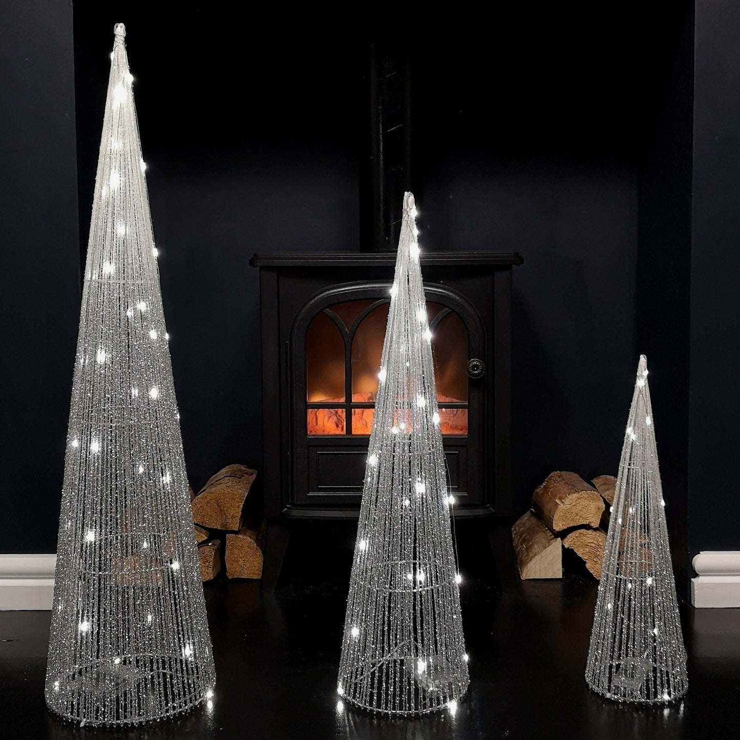 LED Tree Cone Obelisk Trio with 90 LEDs in Silver