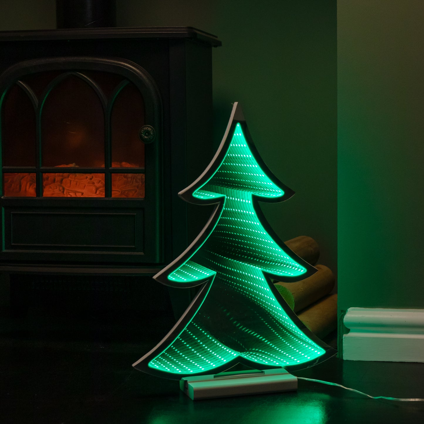 40cm Infinity Light up Christmas Tree Decoration with Green LEDs on Wooden Base