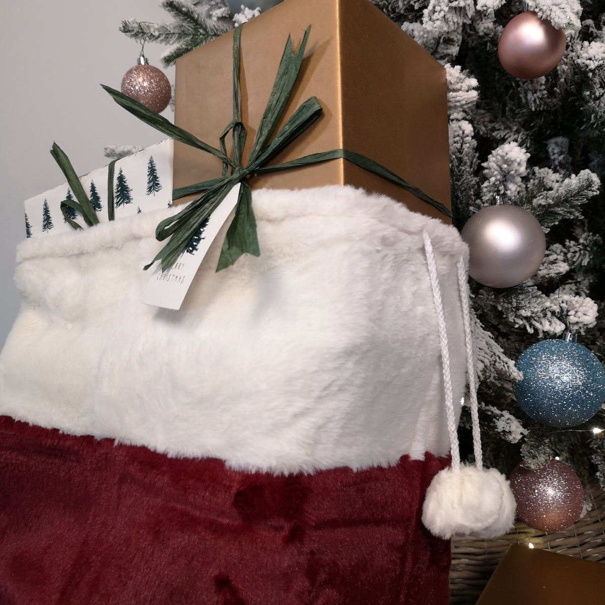 80cm Red Christmas Present Sack with White Faux Fur Trim and Pom Poms