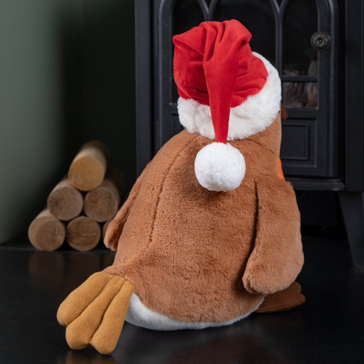 40cm Large Plush Christmas Robin Decoration with Santa Hat