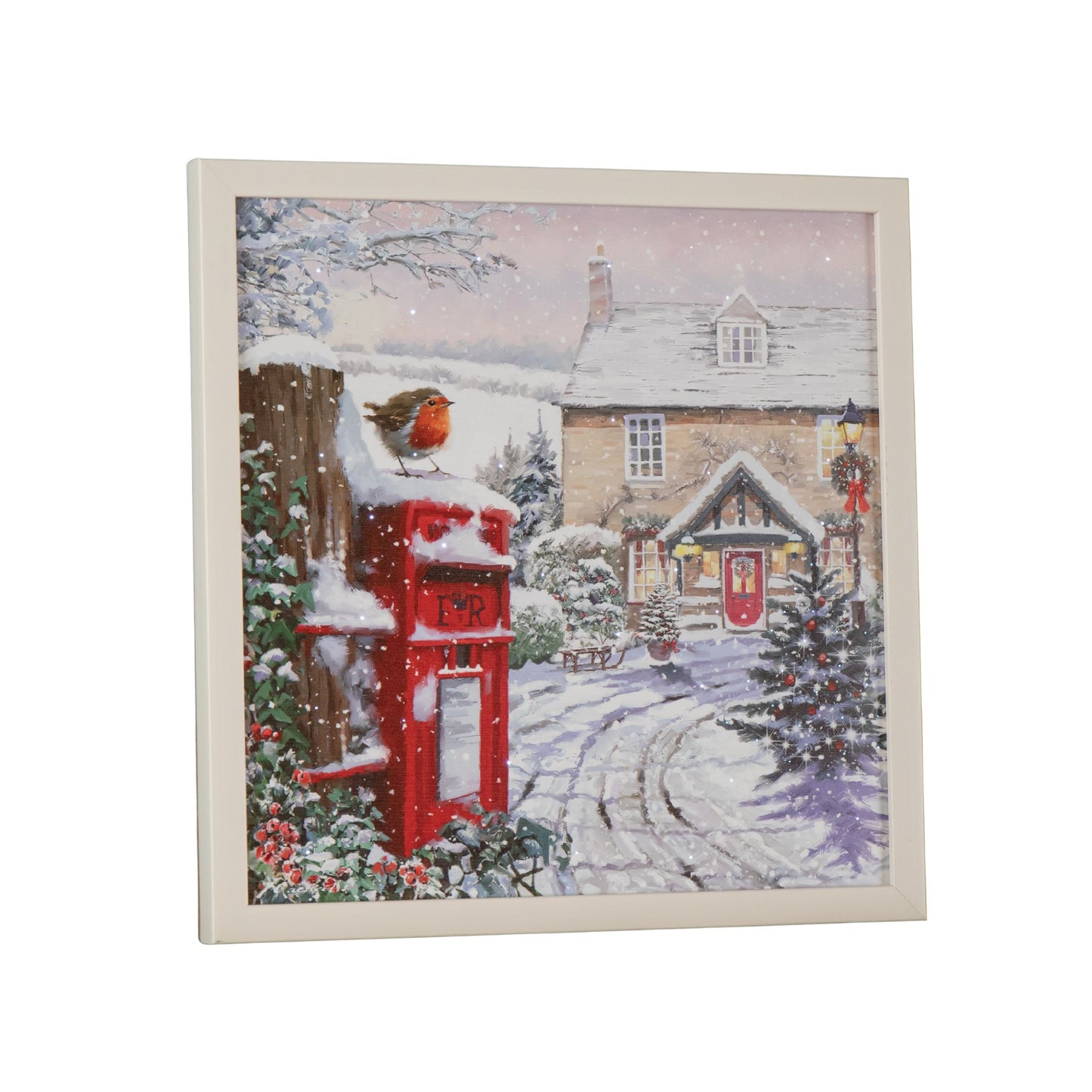 Battery Operated 40 x 40cm Light up Snowy Christmas Robin Scene Picture Canvas