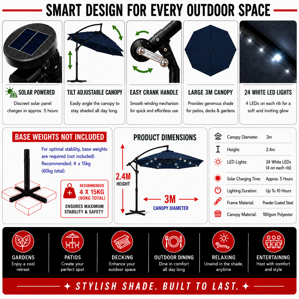 Samuel Alexander 3m Solar Powered Cantilever Lit Banana Garden Parasol with Crank Handle & White LED Lights in Blue