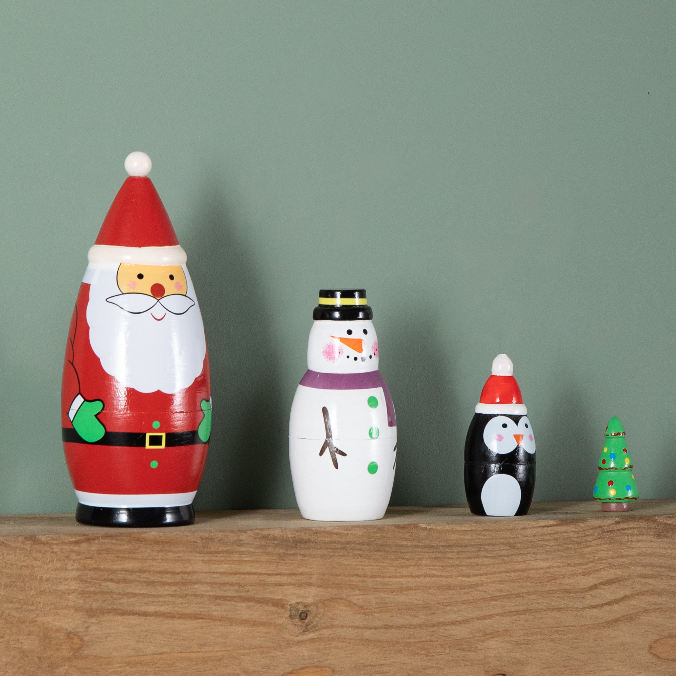 16cm Hand Painted Wooden Christmas Santa Festive Figurine Set