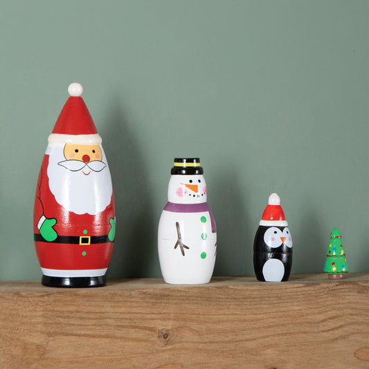 16cm Hand Painted Wooden Christmas Santa Festive Figurine Set