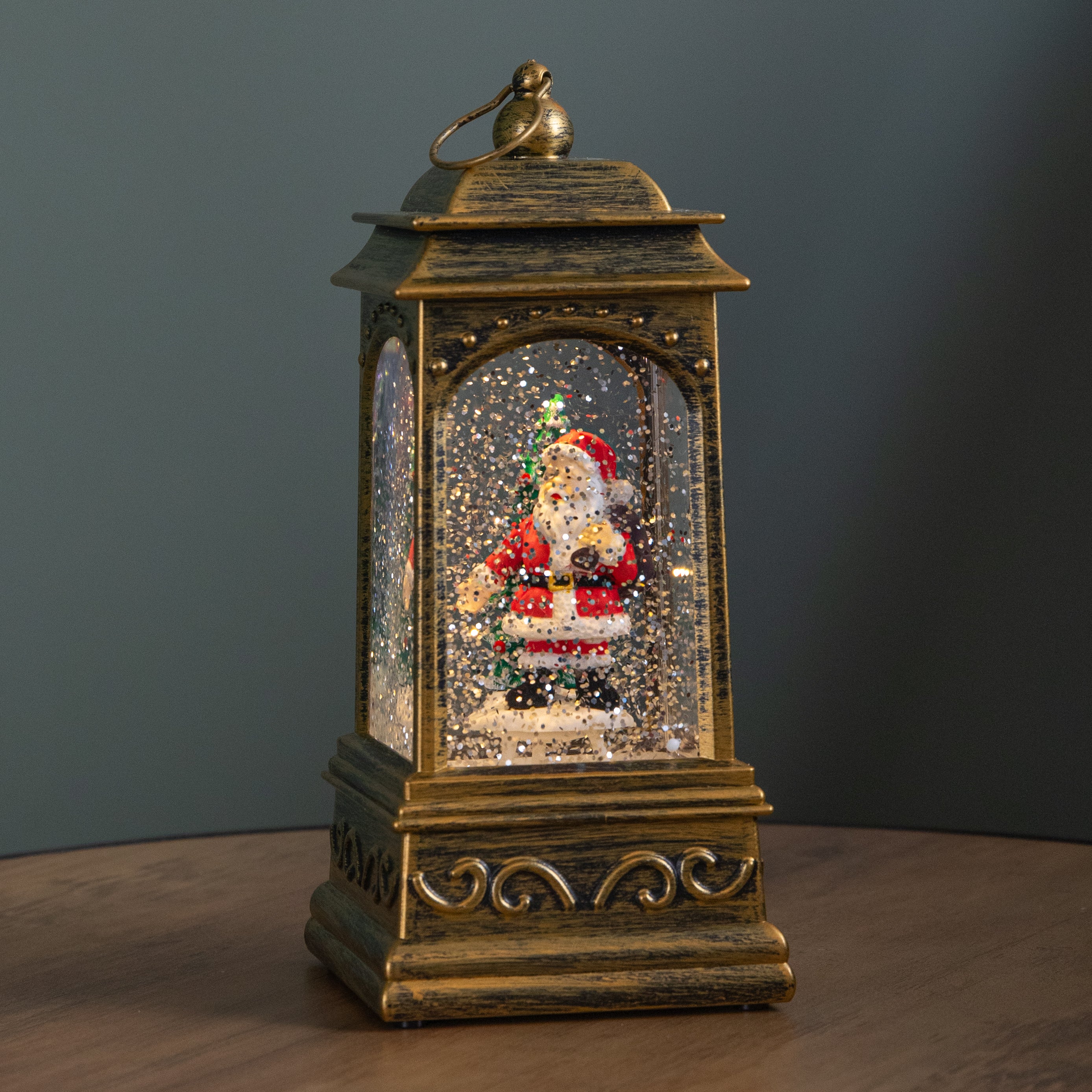 21cm Dual Powered Light up Rustic Gold Christmas Water Spinner Decoration with Santa Scene