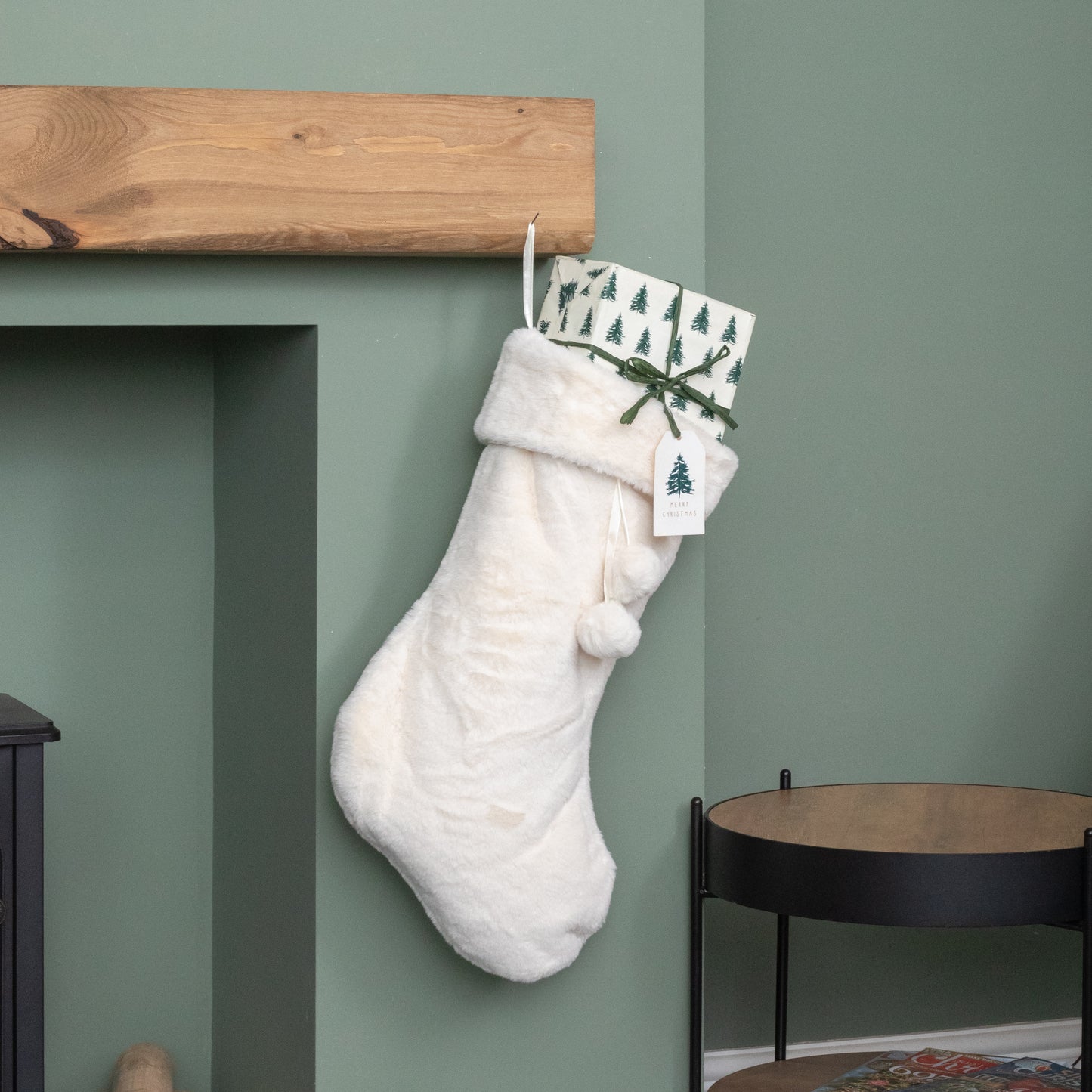 50cm White Winter Faux Fur Hanging Christmas Stocking with Pom Poms
