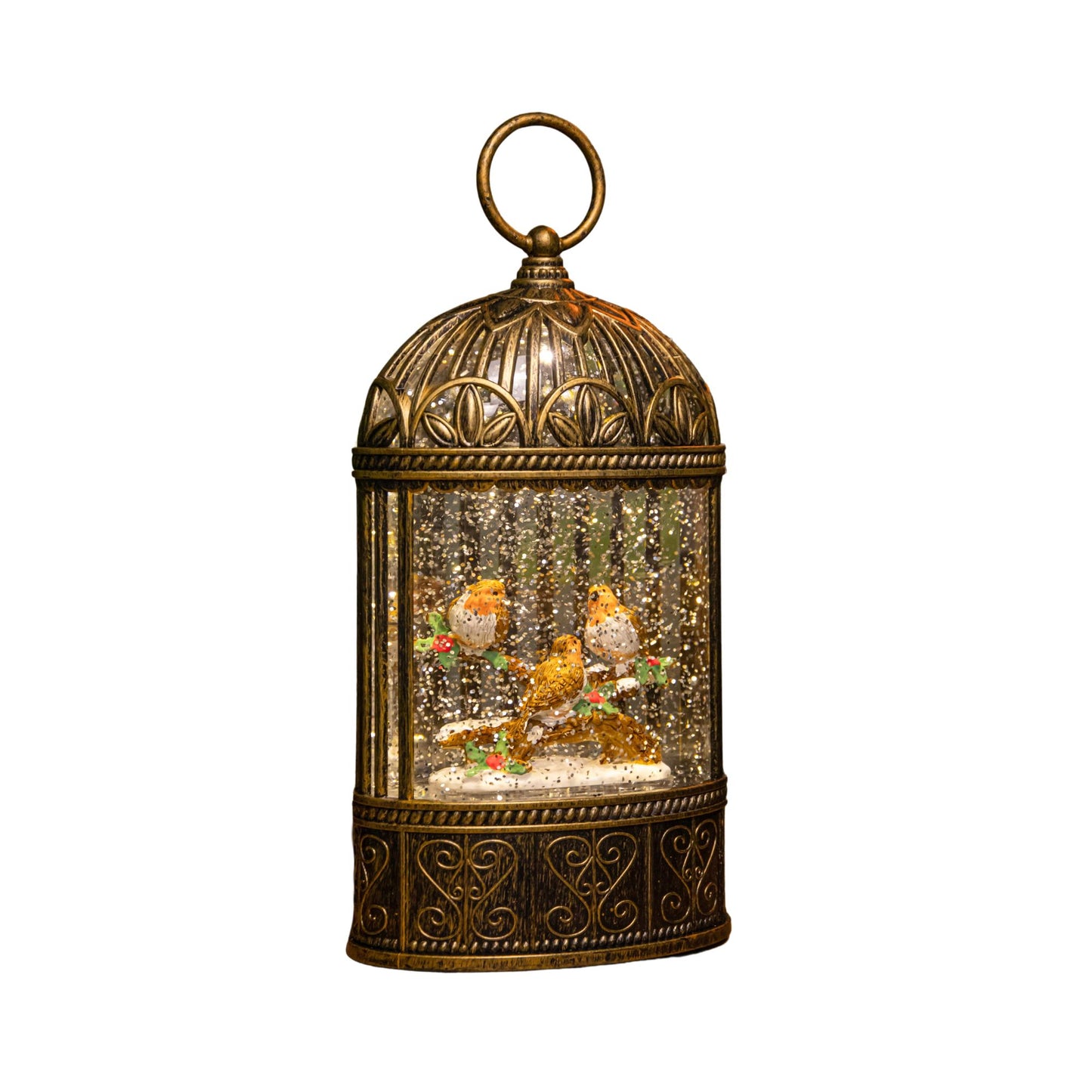 24cm Dual Powered Light up Christmas Robin Scene Water Spinner with Warm White LEDs