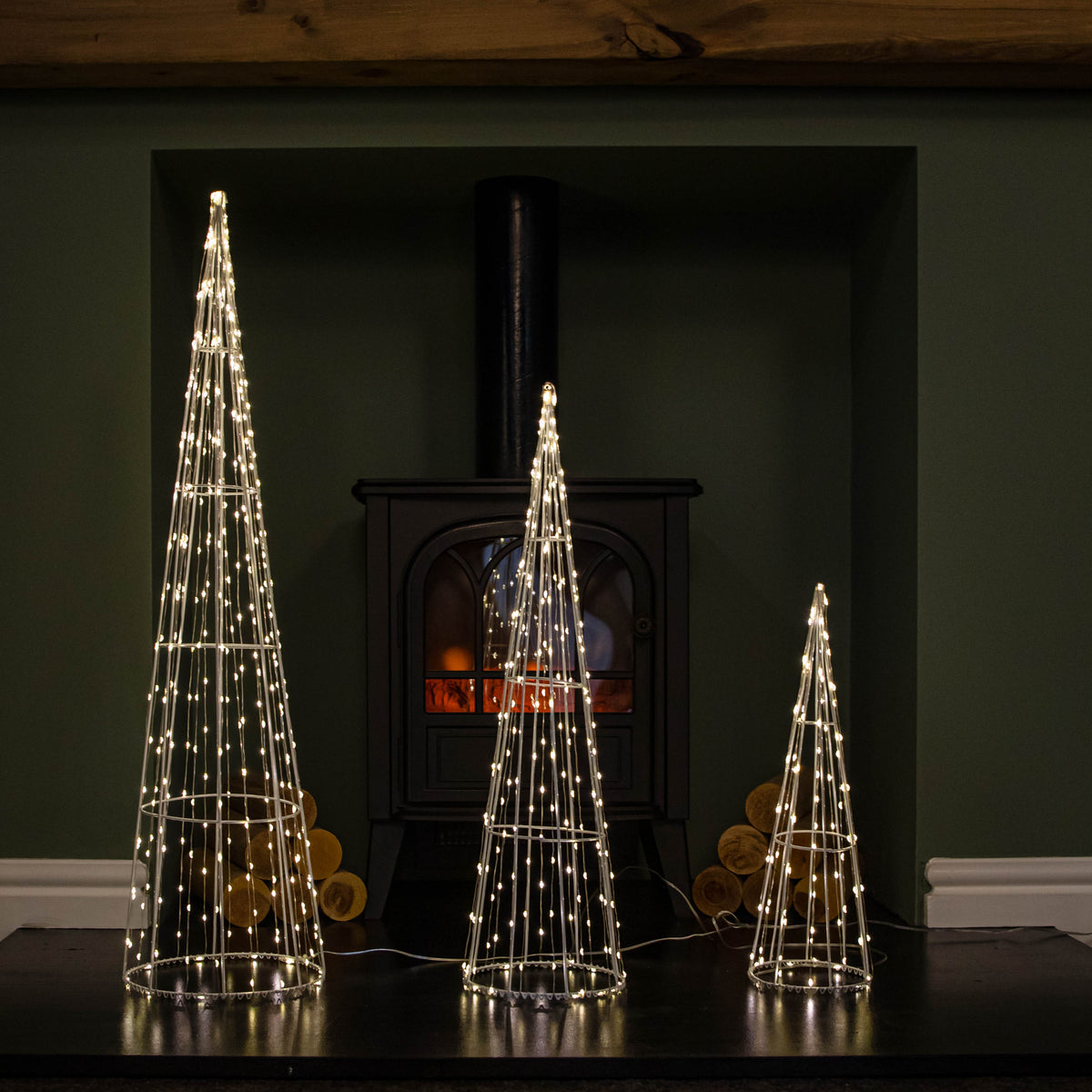 Set of 3 Light up White Metal Dewdrop Christmas Cone Trees with Warm White LEDs