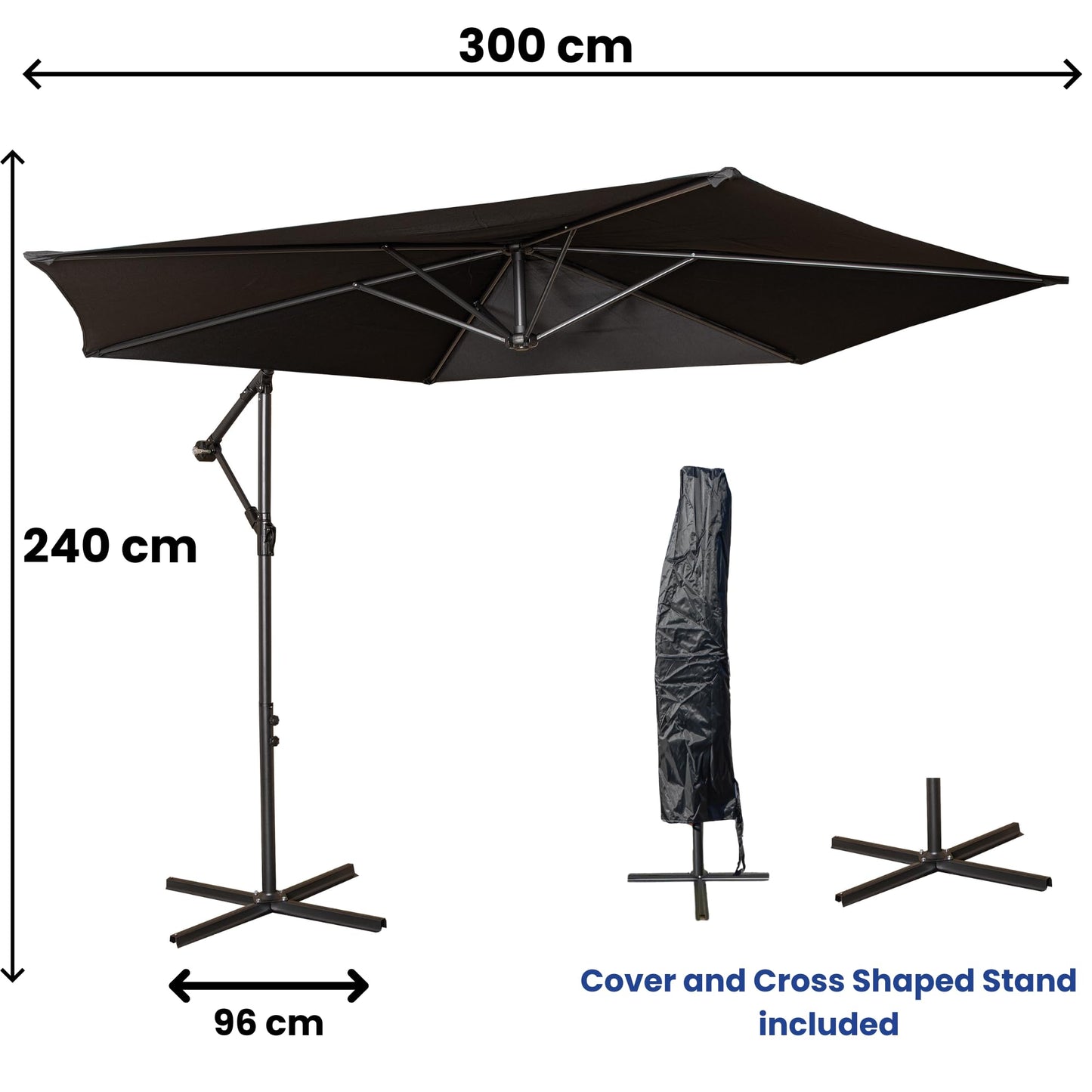 Factory Seconds 3m Cantilever Parasol in Black with Crank Handle for Patio Garden Banana Parasol with UV Protection Outdoor Umbrella Sun Shades for Garden